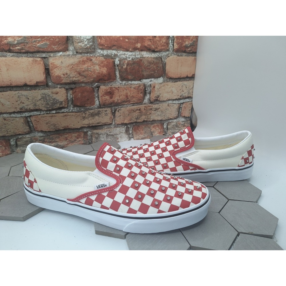 Vans Slip-On Checkerboard Rhinestone Red White Bling Y2K Punk Skate Mens Sz 11